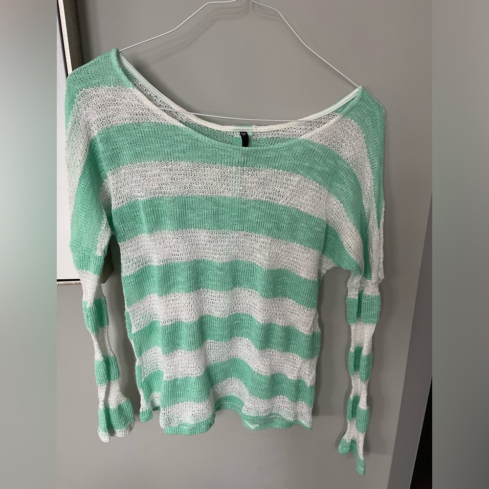 Mint Green and White Striped Women's Sweater